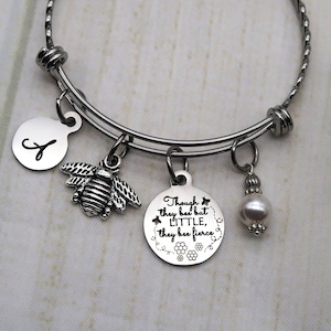 Bee Quotes, personalized initial charm bracelet for women, custom bangle bracelet with birthstone, bee jewelry, bumble bee gifts for teacher