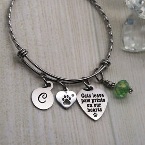 Cat Memorial Gift, personalized initial charm bracelet for women, custom bangle bracelet with birthstone, Cat Mom jewelry Paw Print Bracelet