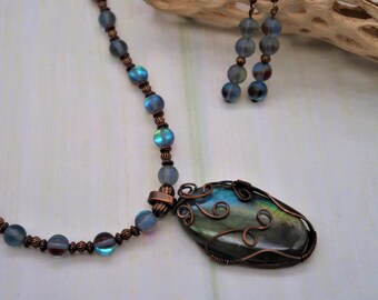 wire wrapped labradorite beaded necklace and earring set handmade jewelry for her blue flash stone necklace for mom aurora borealis necklace