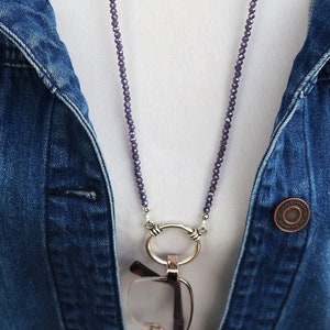 Sparkling Purple Crystal Glasses Chain, Beaded Eyeglass Holder, Eyeglass Loop Necklace, Reading Glasses Holder for Her, Lanyard for Glasses