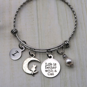 Cat in the Moon personalized initial charm bracelet for women, custom bangle bracelet with birthstone, cat gifts for cat lovers, cat jewelry