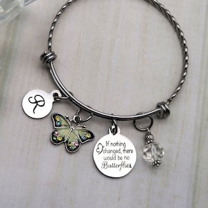 Butterfly personalized initial charm bracelet for women, custom bangle bracelet with birthstone, inspirational gifts, pre teenage girl gifts