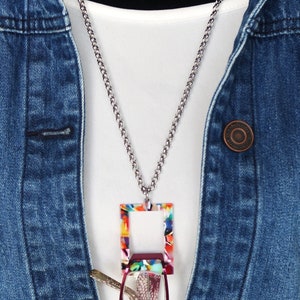 Multi Color Rectangle Pendant Eyeglass Holder, Eyeglass Loop Stainless Steel Necklace, Reading Glasses Holder for Women, Eyewear Accessories
