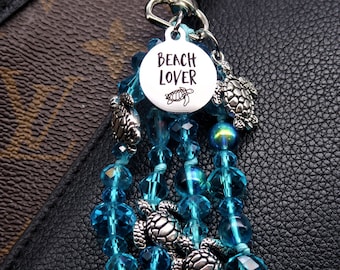 Sea Shell and Sea Horse Charm Beach Handbag Charm Car Charm Gift For Her Turquoise Yellow Gold Beige Blue Beaded Handbag Accessory