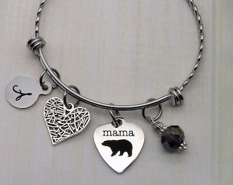 Mama Bear, pulsera de encanto inicial personalizada para mujeres, pulsera personalizada con piedra de nacimiento para ella, regalo de cumpleaños de madre de hija