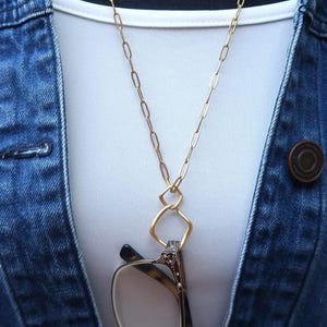 Eyeglasses Chain in Gold Paperclip, Perfect Layering Link Necklace, Eyeglass Loop, Double Squares Ring, Reading Glasses Holder Necklace Gift