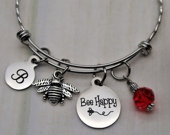 Bee Happy, bracelet à breloques initial personnalisé pour femmes, bracelet personnalisé avec pierre de naissance, bijoux d’abeilles, cadeaux de bourdon pour enseignant