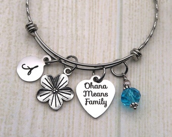 Ohana significa familia, pulsera de encanto inicial personalizada, pulsera de brazalete personalizada para madre, pulsera Lilo y Stitch, regalos de puntada para mujeres