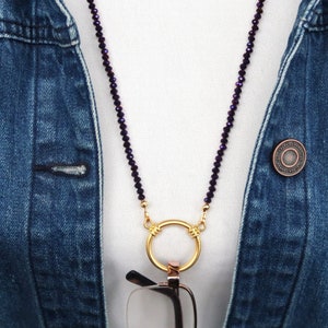 Purple and Gold Crystal Eyeglass Chain, Beaded Eyeglasses Holder, Eyeglasses Loop Necklace Reading Glasses Holder Glasses Lanyard for Women
