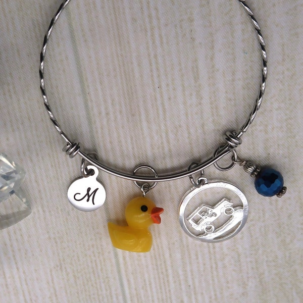 Duck Duck, personalized initial charm bracelet for women, custom bangle bracelet with birthstone, off road jewelry, Birthday Gifts for Girl