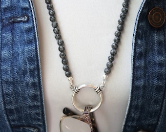 Cadena para gafas con cuentas de piedra jaspe gris, soporte para gafas, collar con lazo para gafas, soporte para gafas de lectura para mujer, cordón para gafas