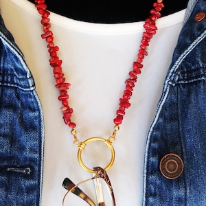 Red Coral Eyeglass Chain, Beaded Eyeglasses Holder, Eyeglass Loop Necklace, Reading Glasses Holder, Sunglasses Lanyard, Jewelry for Women