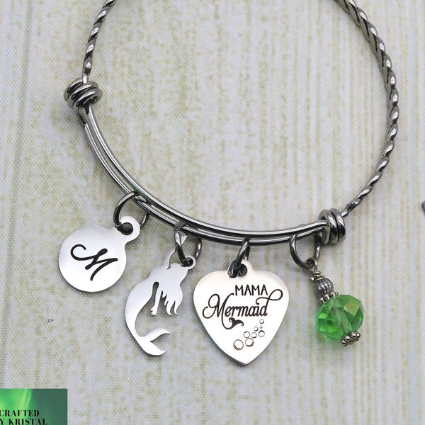 Mama Mermaid personalized initial charm bracelet for women, custom bangle bracelet, Mermaid Gift for Adult, Silver Bracelet, Mermaid Jewelry
