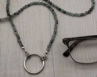 Cadena para gafas con cuentas de jaspe kiwi, soporte para gafas, collar con lazo para gafas, soporte para gafas de lectura para mujer, cordón para gafas.