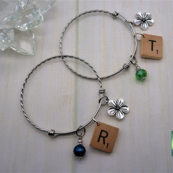 Scrabble Tile Charm Expandable Bangle Charm Bracelet for Women Personalized Initial Birthstone Gift Scrabble Jewelry Board Game Gift for mom