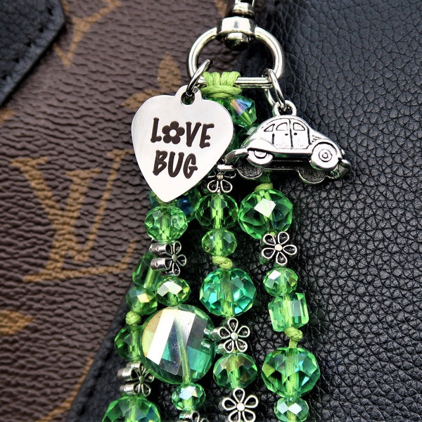love bug beaded crystal purse charm for women, green VW Beetle gift for girls Volkswagen bug gift for her luv bug birthday gift for daughter