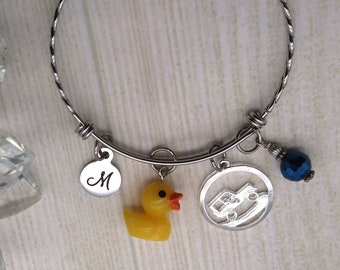 Duck Duck, personalized initial charm bracelet for women, custom bangle bracelet with birthstone, off road jewelry, Birthday Gifts for Girl