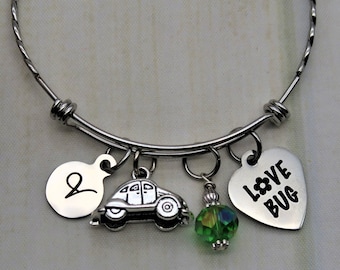 Love Bug Expandable Bangle Charm Bracelet for Women Personalized Initial Birthstone Gift, VW Bug Life VW Beetle Birthday gift for daughter