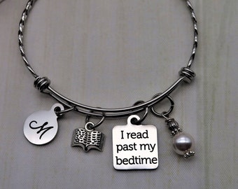 I Read Past My Bedtime, Bracelet Expandable Bangle Charm Bracelet for Women, Personalized Gifts, Book Jewelry, Book Gifts for Book Lovers