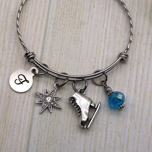 Ice Skater Gift, personalized initial charm bracelet for women, custom bangle bracelet with birthstone, Figure Skating Coach Gifts for Her