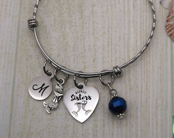 Mermaid Sisters, personalized initial charm bracelet for women, custom bangle bracelet, Mermaid Gifts for Her, Mermaid Shop, Mermaid Jewelry