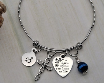 Sisters in Christ, personalized initial charm bracelet for women, custom bangle bracelet Religious Gift Christian Gift Visible Faith Jewelry