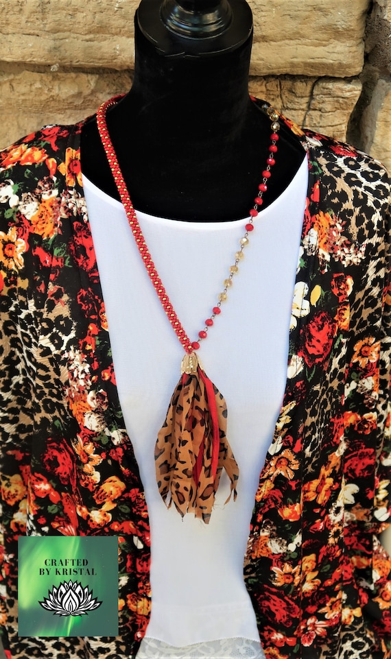 Beaded Necklace Cheetah Print Jewelry Leopard Print Long Tassel
