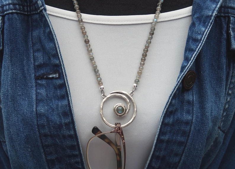 Labradorite Beaded Glasses Chain, Eyeglasses Holder with Ring, Eyeglass Loop Necklace, Reading Glasses Holder, Lanyard for Glasses Gifts image 1