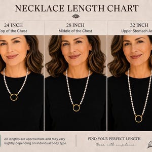 May include: A necklace length chart showing three women wearing pearl necklaces of different lengths: 24 inches, 28 inches, and 32 inches. The chart includes text that reads "Top of the Chest", "Middle of the Chest", and "Upper Stomach Area".
