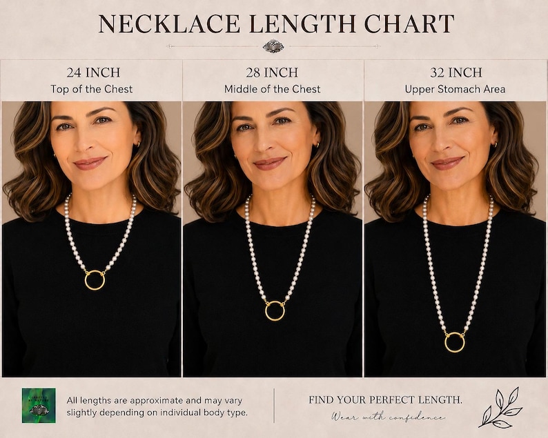May include: A necklace length chart showing three women wearing pearl necklaces of different lengths: 24 inches, 28 inches, and 32 inches. The chart includes text that reads "Top of the Chest", "Middle of the Chest", and "Upper Stomach Area".