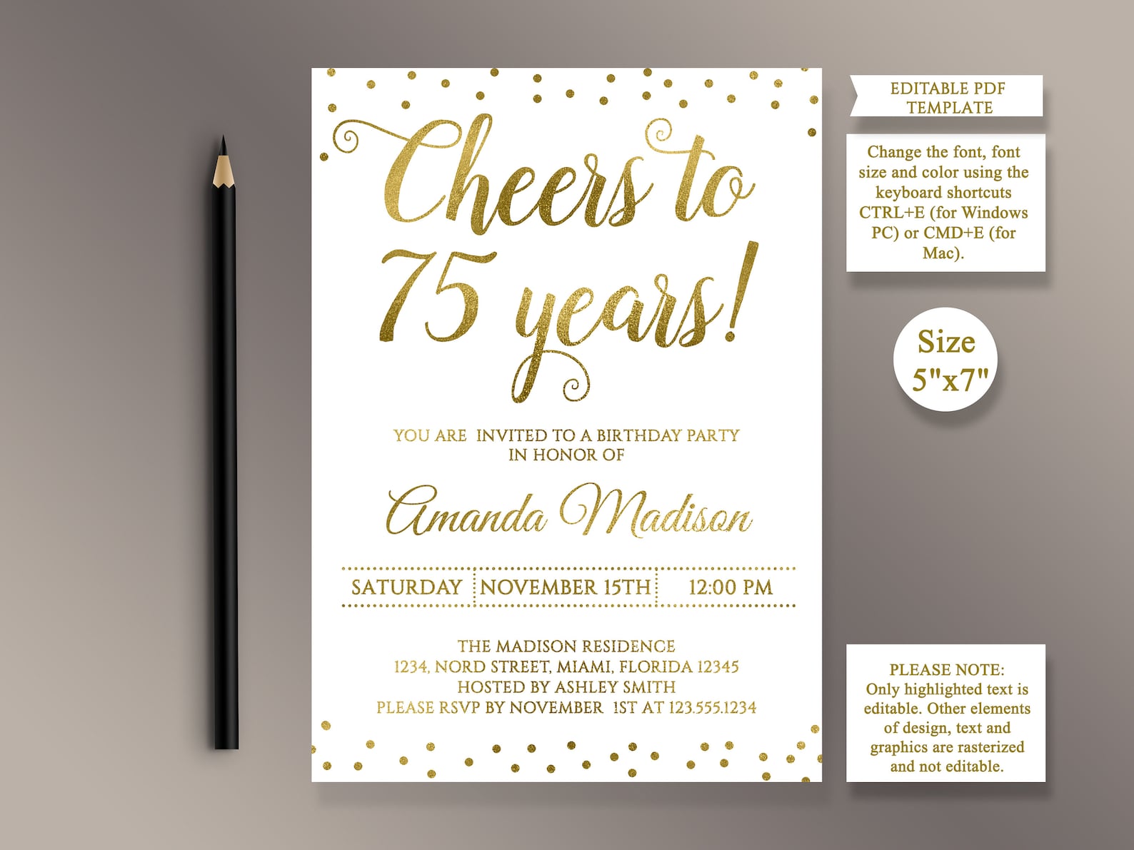 EDITABLE 75th Birthday party Invitation template Cheers to 75 | Etsy