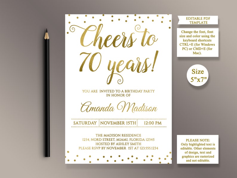 Editable 70th Birthday Party Invitation Template Cheers To 70 Etsy 
