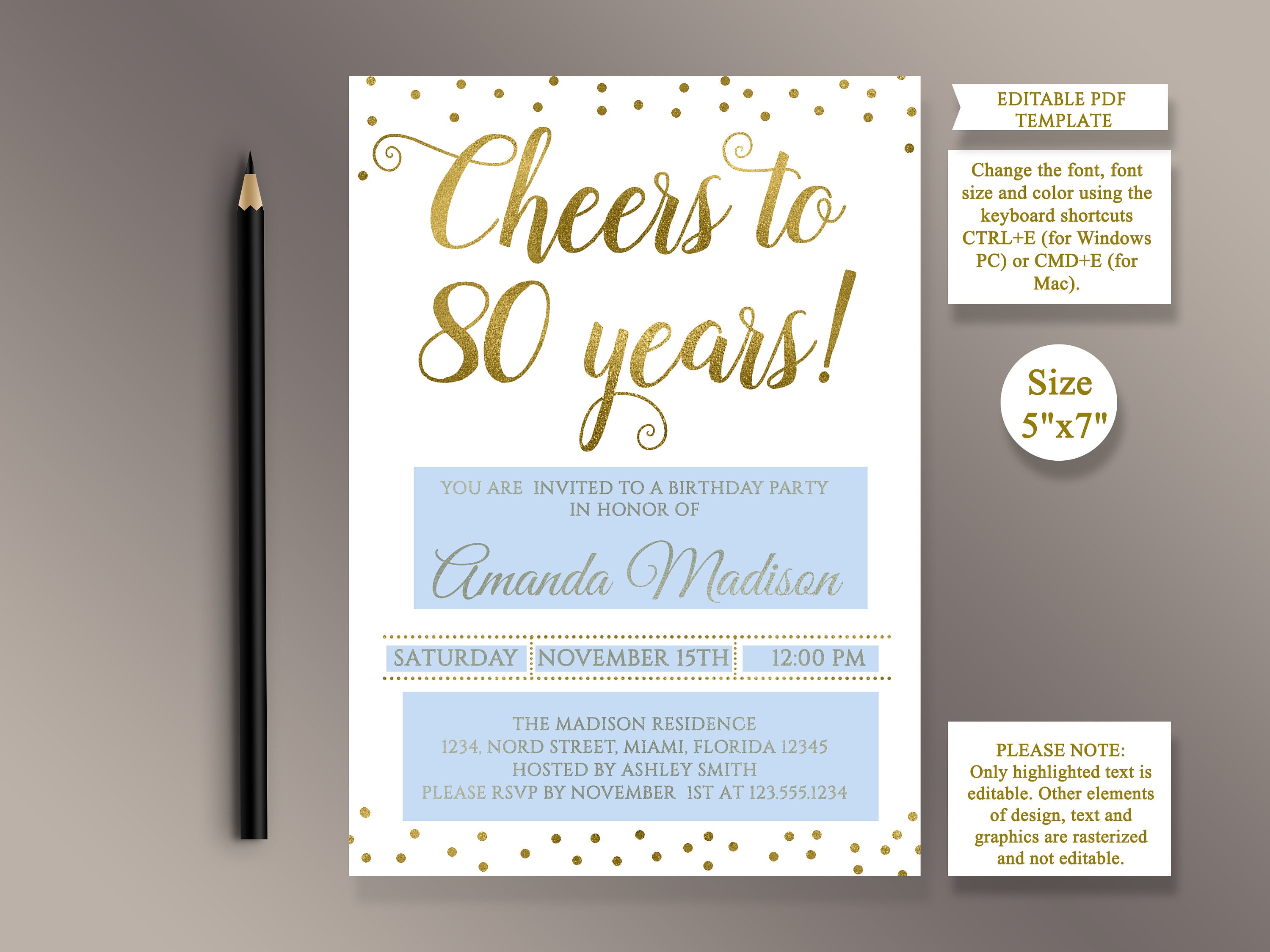 EDITABLE 80th Birthday party Invitation template Cheers to 80 | Etsy
