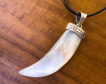 925 Sterling 5cm mother-of-pearl tusk pendant set in sterling silver, handcrafted in Bali