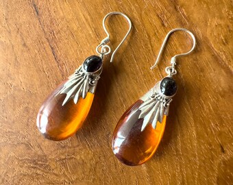 Golden Amber Light Onyx Drop Earrings set in Sterling Silver personalised gift