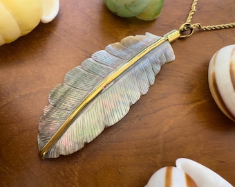 Feather pendant necklace, carved in Ocean shell, set in brass, 60mm
