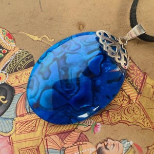 925 Sterling Blue Ocean Shell Oval Pendant set in Sterling silver Bali jewelry personalised gift necklace