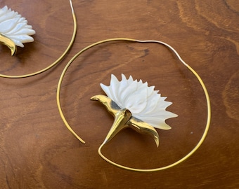 Lotus earrings, hand-carved Ocean shell in golden brass