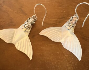 925 Sterling Silver Ocean Shell Dolphin Fin hand-carved Earrings Bali handmade