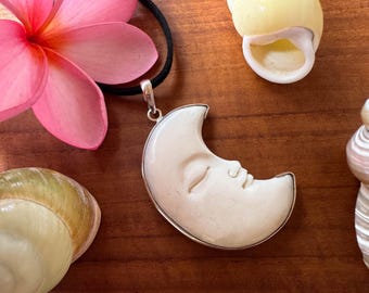 925 Sterling Bali Moon Pendant - Crescent moon hand-carved in Sterling Silver, unique piece
