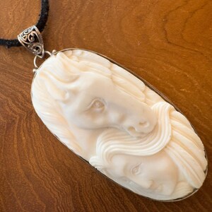 Soulmates Girl and Horse pendant, Bali hand-carved bone set in Sterling Silver personalised gift