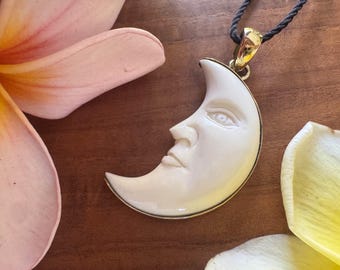 Bali Moon Pendant - Crescent moon hand-carved and set in golden brass