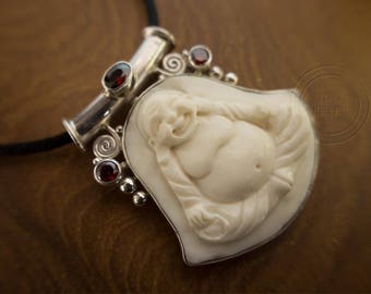 Red Garnet Laughing Buddha pendant, 925 sterling silver, carved bone, Bali jewelry, spiritual, healing, Balinese jewellery, Boho, luxury