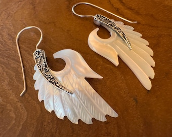 925 Sterling Feather Earrings Ocean Shell set in Sterling silver and shell hand-carved in Bali personalised gift