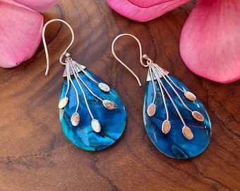 925 Sterling Blue Ocean Spark Earrings, Paua shell set in Sterling Silver personalised gift