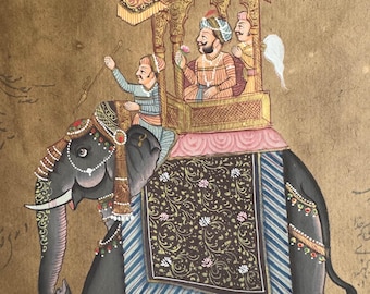 Rajastan Sultan reitet auf einem Elefanten - original Miniaturmalerei aus Indien handgemacht