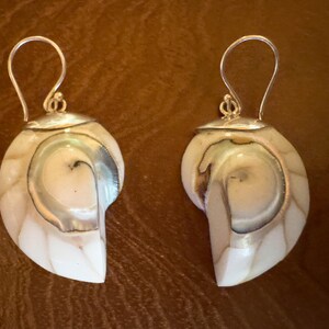 May include: A pair of nautilus shell earrings with silver-colored hooks. The earrings feature a pearlescent white and cream color with a silver-colored metal accent. The shell design has a spiral pattern.