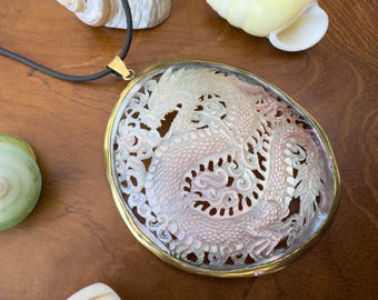 Large Dragon carved in Ocean shell, set in golden brass, Bali handmade