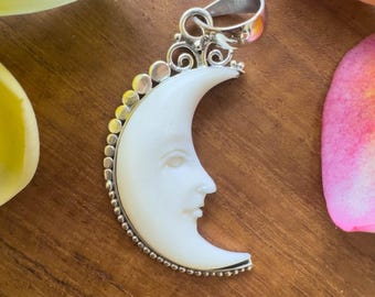 925 Sterling Bali Moon Pendant - Crescent moon hand-carved in Sterling Silver, unique piece