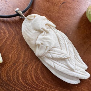 Könnte beinhalten: Elfenbeinfarbener Anhänger mit detailliertem Relief von zwei Vögeln, möglicherweise Adlern, an einer schwarzen Kordel. Der Anhänger hat eine silberfarbene Öse. Die Vögel sind mit Federn und Schnäbeln dargestellt. Der Anhänger liegt auf einer Holzoberfläche.